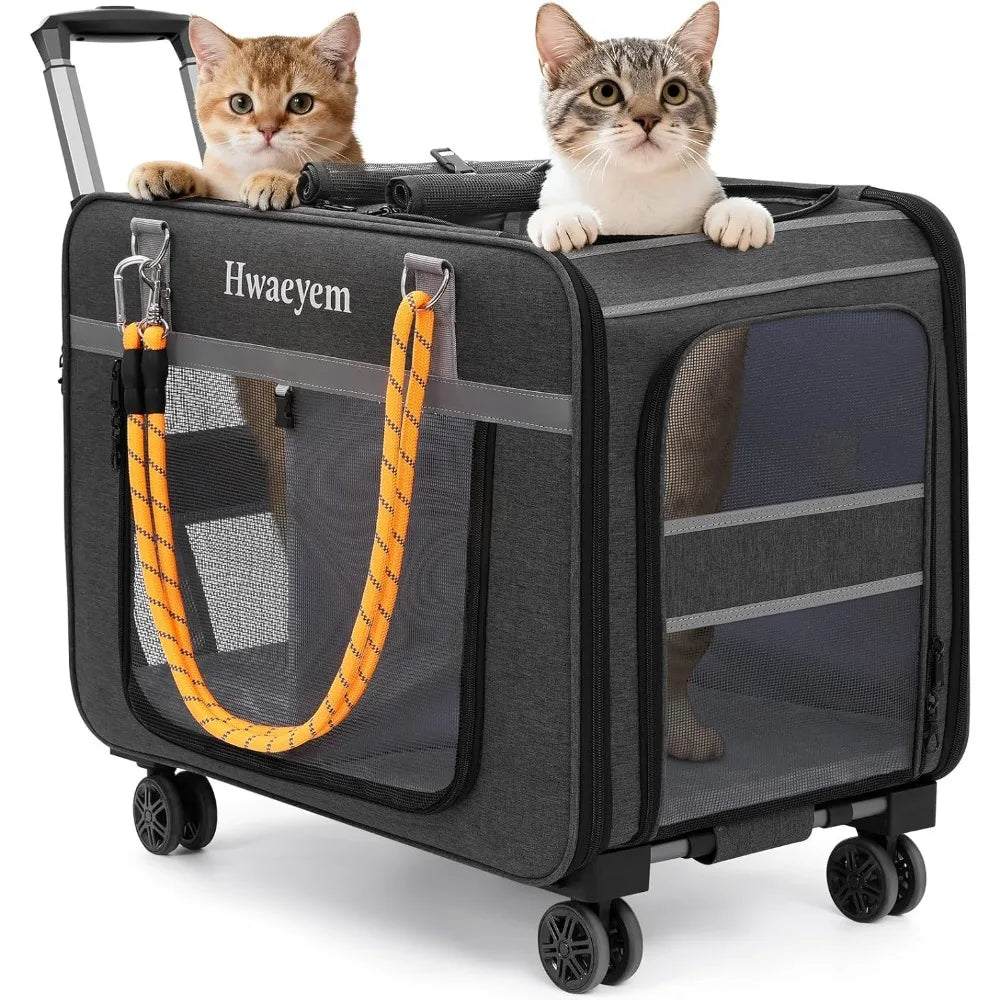 Pet Carrier with Wheels, Rolling Carrier for 2 Cats or Medium Dog, 24 X 15 X 17 Portable Crate.