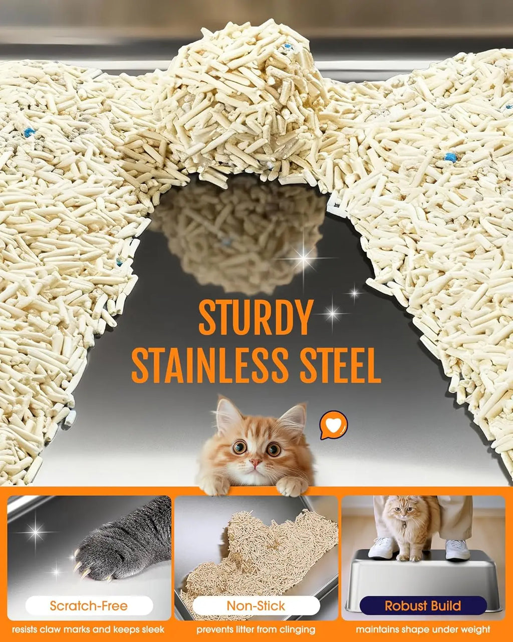 Stainless Steel Cat Litter Box with Elevated Step, Scoop & Scatter-Proof Design for Easy Cleaning