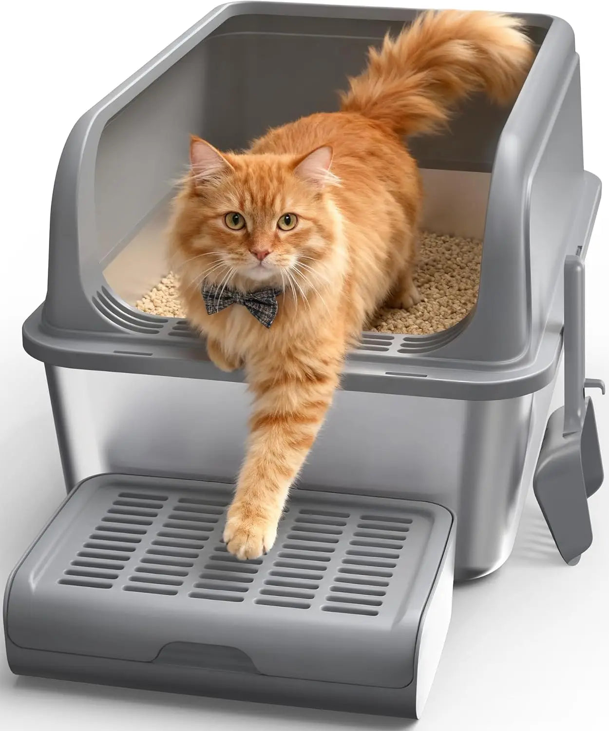 Stainless Steel Cat Litter Box with Elevated Step, Scoop & Scatter-Proof Design for Easy Cleaning