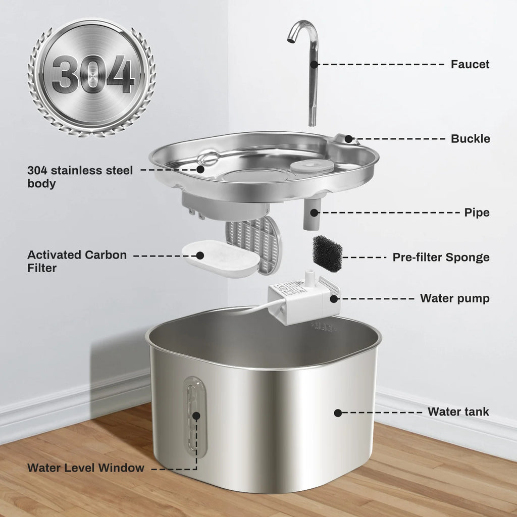 2.2L Stainless Steel Cat Water Fountain - Ultra Quiet Pet Fountain.