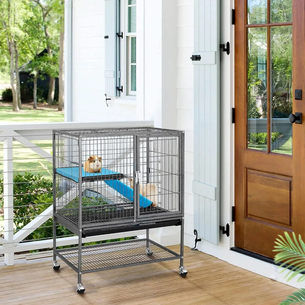 Metal 34'' Ferret Cage Critter Indoor for Adult, 2-Tiers Small Tray＆Shelf, Black