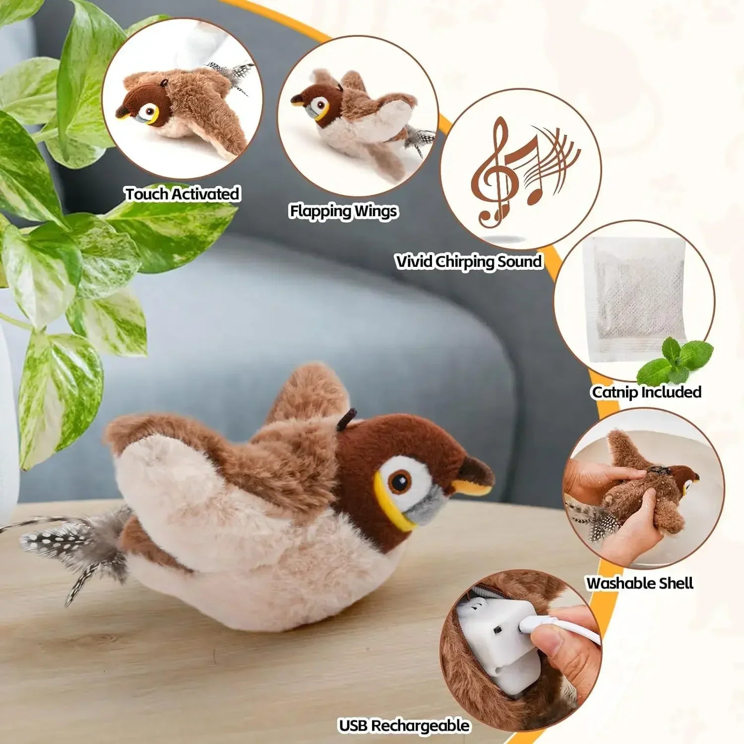 Bird-Shaped Cat Toy Interactive Toys Dog Rechargeable Chirping Flapping Bird.