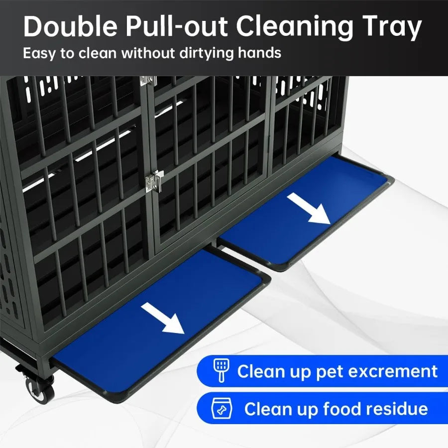 48 Inch Heavy Duty Dog Crate with Wheels Folding Metal Big Dog Cage for Large and Medium Dogs Extra Large XL XXL Indestructible