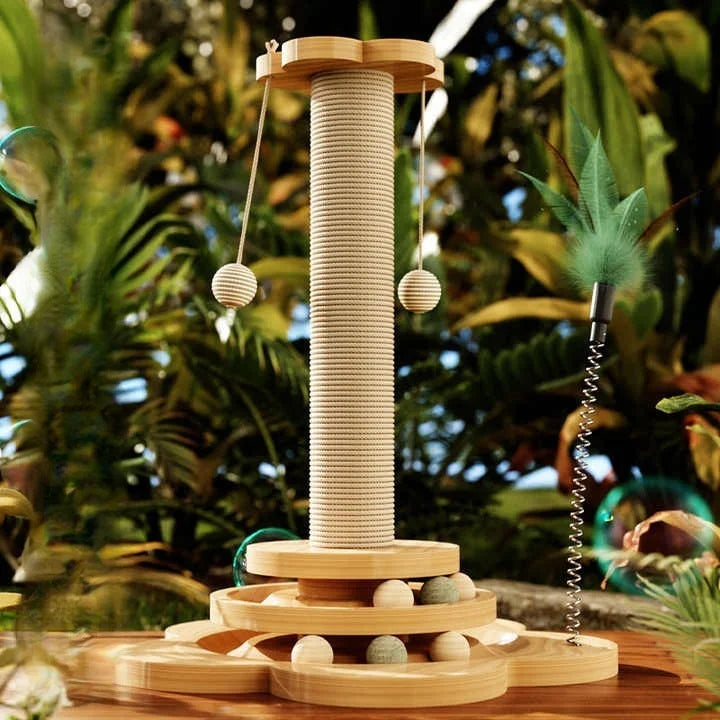 Indoor Cat Scratching Post for Pets, 2-Layer Ball Track Kitten Toy with Teasing Wand.