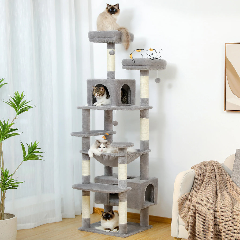 Large Cat Tree and Tower for Indoor Cats With Sisal-Covered Scratching Posts.