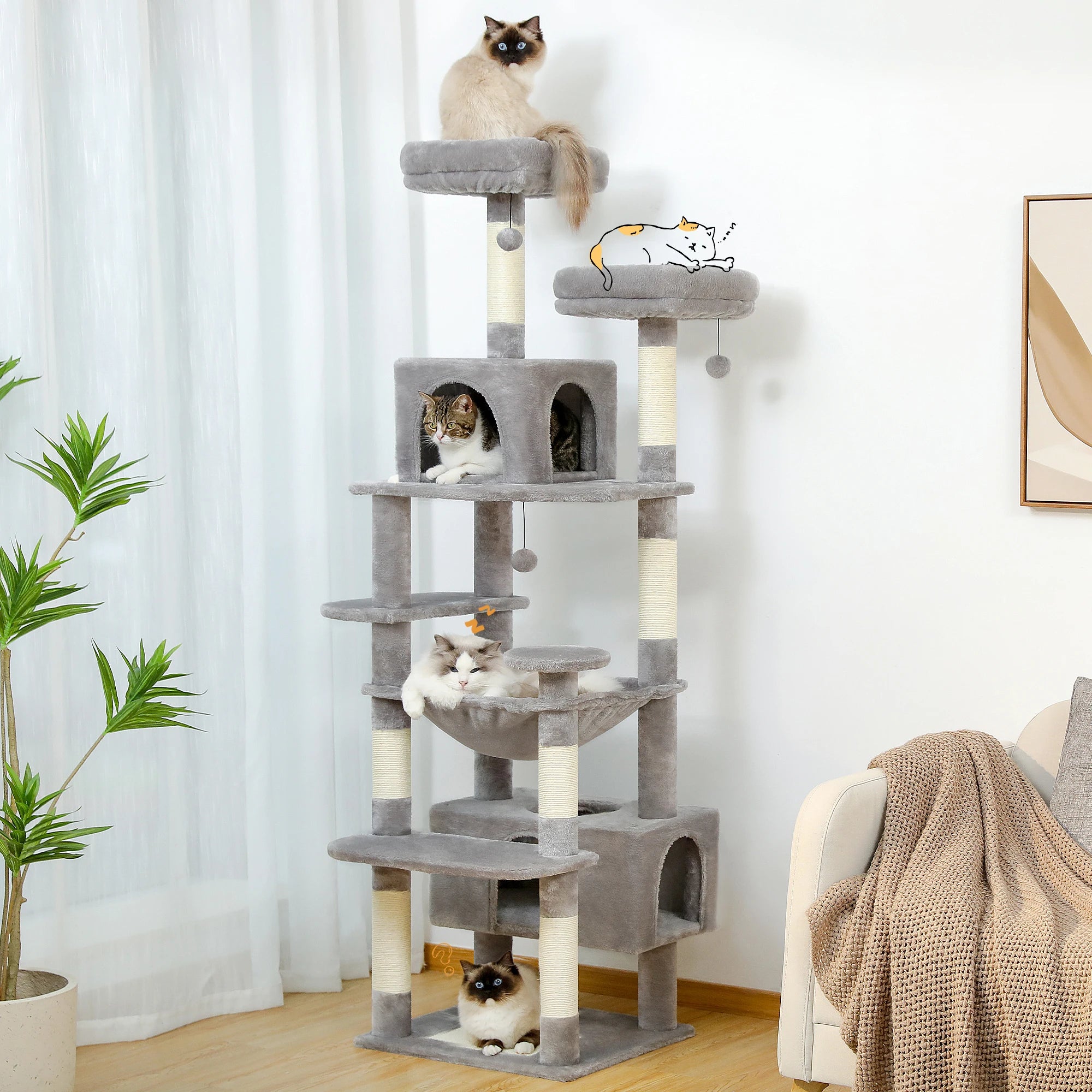 Large Cat Tree and Tower for Indoor Cats With Sisal-Covered Scratching Posts.
