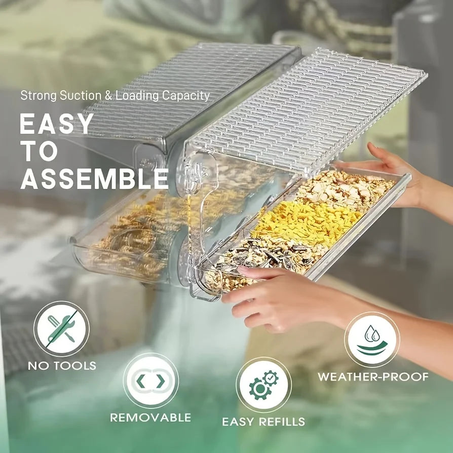 Indestructible Large Window Bird Feeder with Removable Seed & Water Tray, with 4 Super Strong Adhesive Hooks.