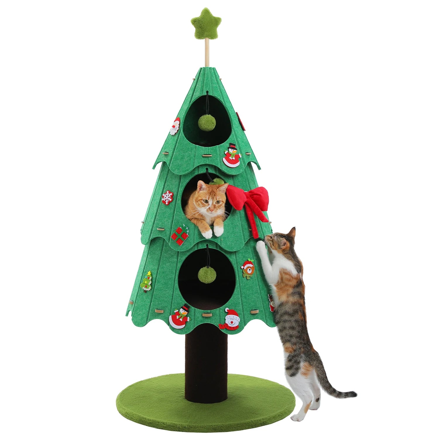 Christmas Cat Tree Tower with 3 Cozy Condos & Pompoms Multi-Level Cat House.
