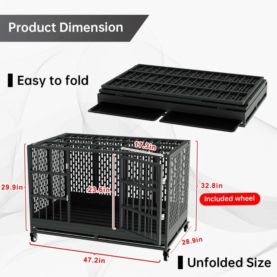 48 Inch Heavy Duty Dog Crate with Wheels Folding Metal Big Dog Cage for Large and Medium Dogs Extra Large XL XXL Indestructible