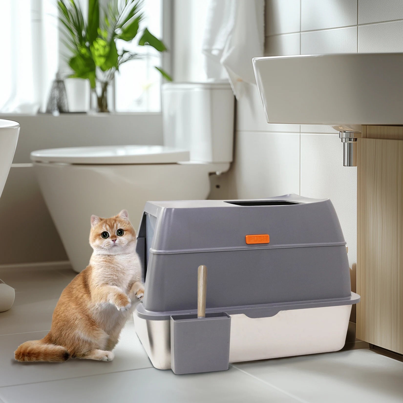 Cat Litter Box with Lid, Enclosed Potty, Large Top Entry Anti-Splashing Toilet.