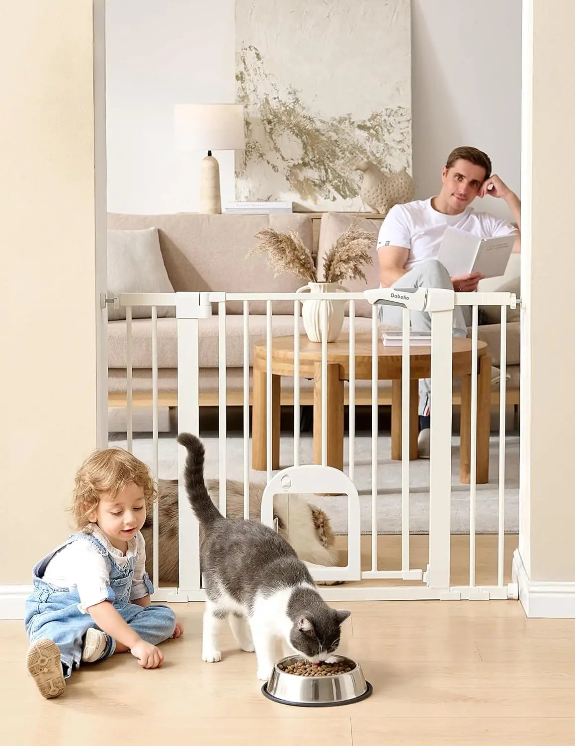 Adjustable Pet Gate with Cat Door, 29-43" Auto Close Pressure Mounted for Stairs and Doorways.