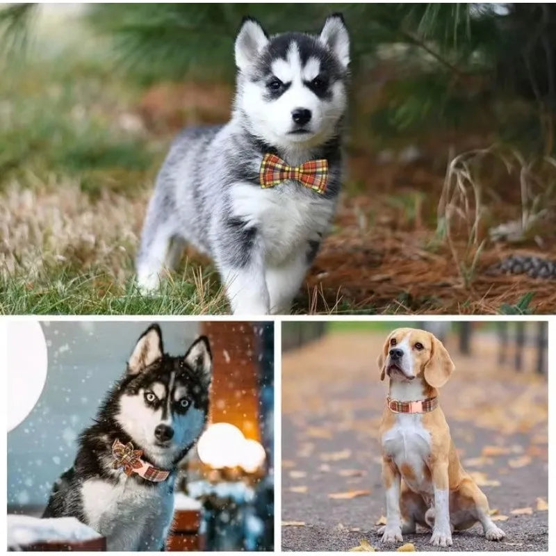 Plaid Dog Collar Leash Set with Bow Tie Adjustable Cute Puppy Collar.