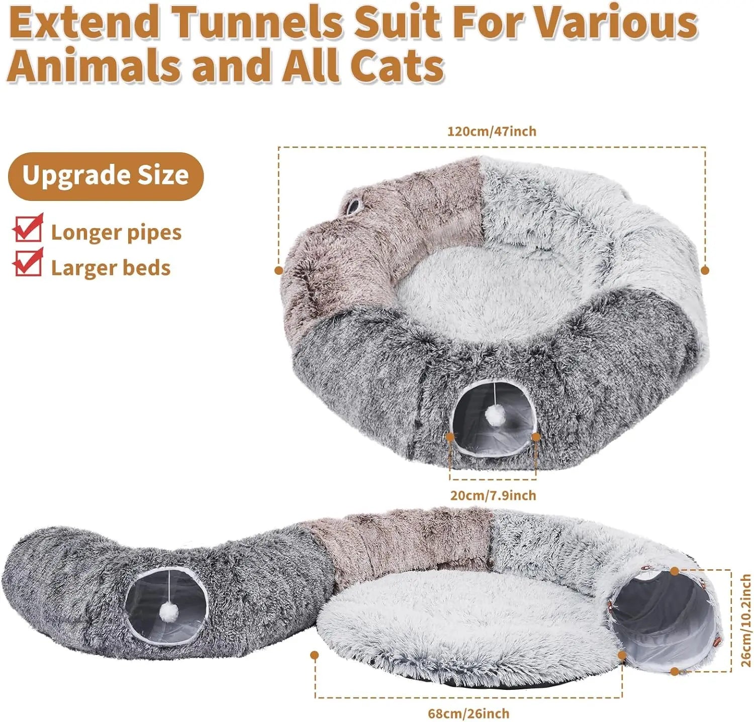 Large Cat Tunnel with Warm Bed and 20 Toys for Indoor Play, Detachable Cave for Kittens