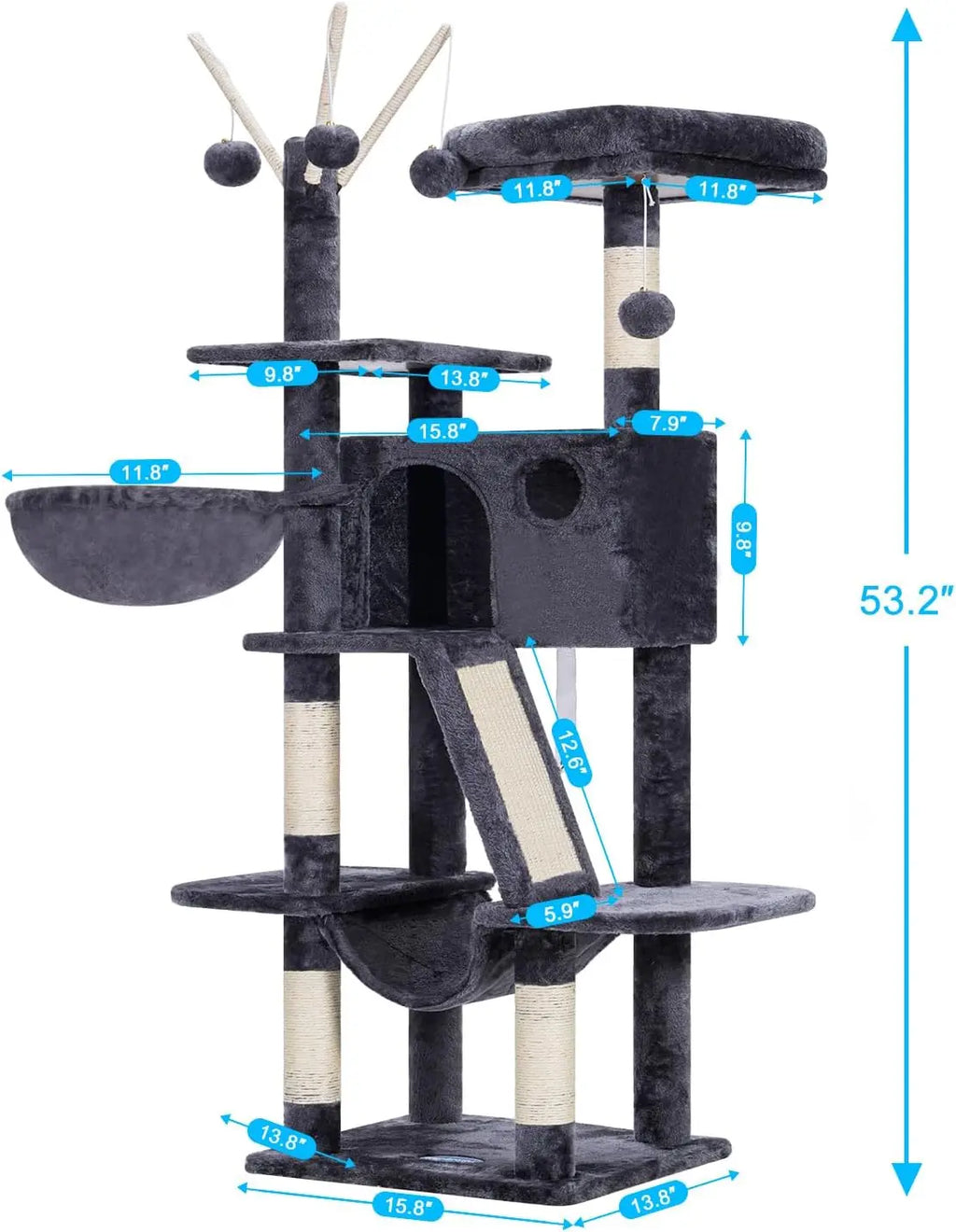 53-Inch Cat Tower with Padded Bed, Cozy Condo, Hammocks & Scratching Posts.