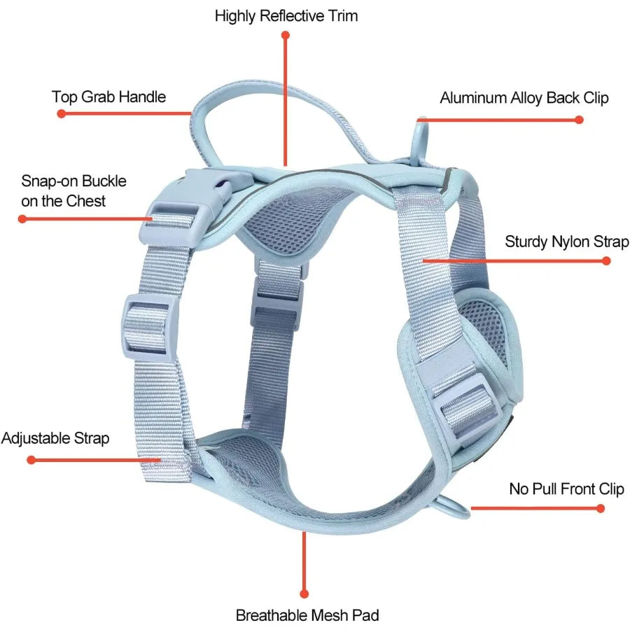 Light Blue Medium Dog Harness with Two Leash Clips and Soft Handle for Medium Dogs.