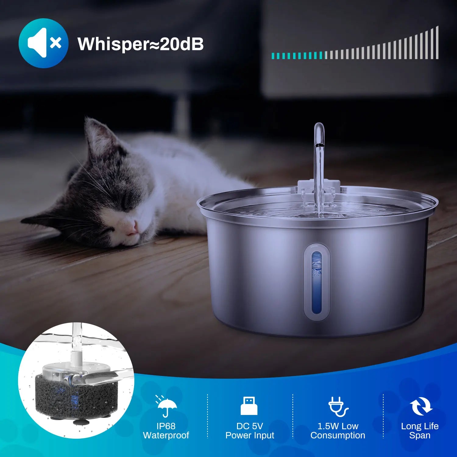 Cat Water Fountain Stainless Steel, With Ultra Quiet Pump Filtration.