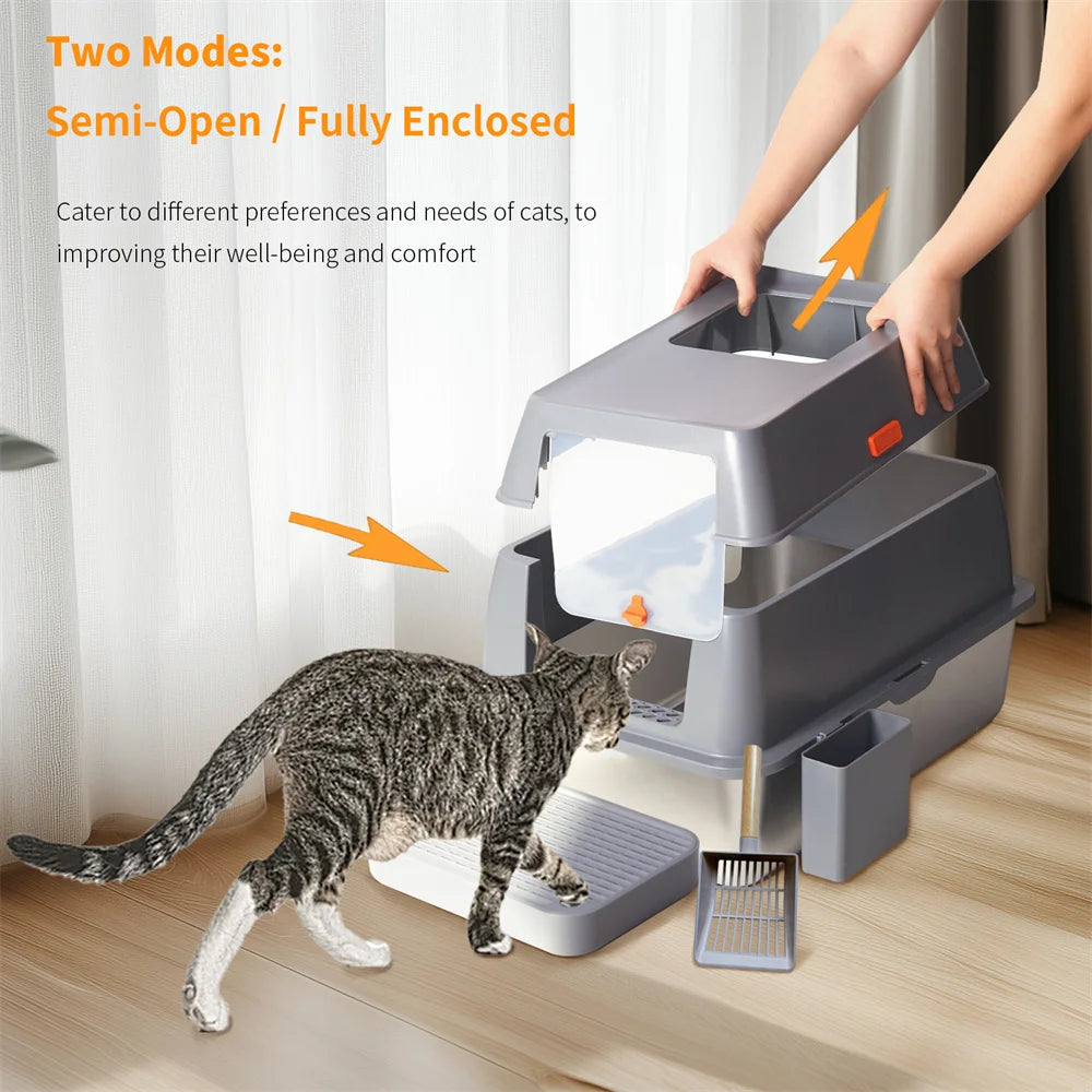 XXL Stainless Steel Cat Litter Box Enclosed Puppy Cat Litter Tray with Lid.