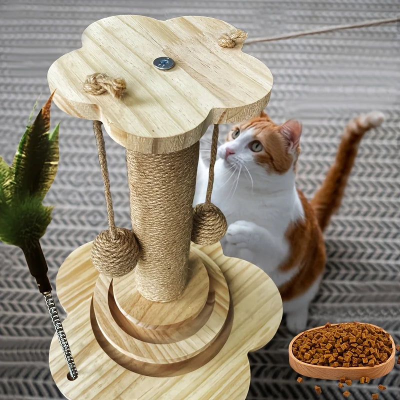 Indoor Cat Scratching Post for Pets, 2-Layer Ball Track Kitten Toy with Teasing Wand.