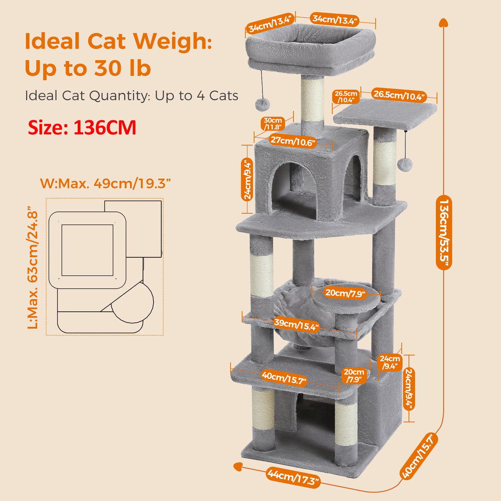Large Cat Tree and Tower for Indoor Cats With Sisal-Covered Scratching Posts.