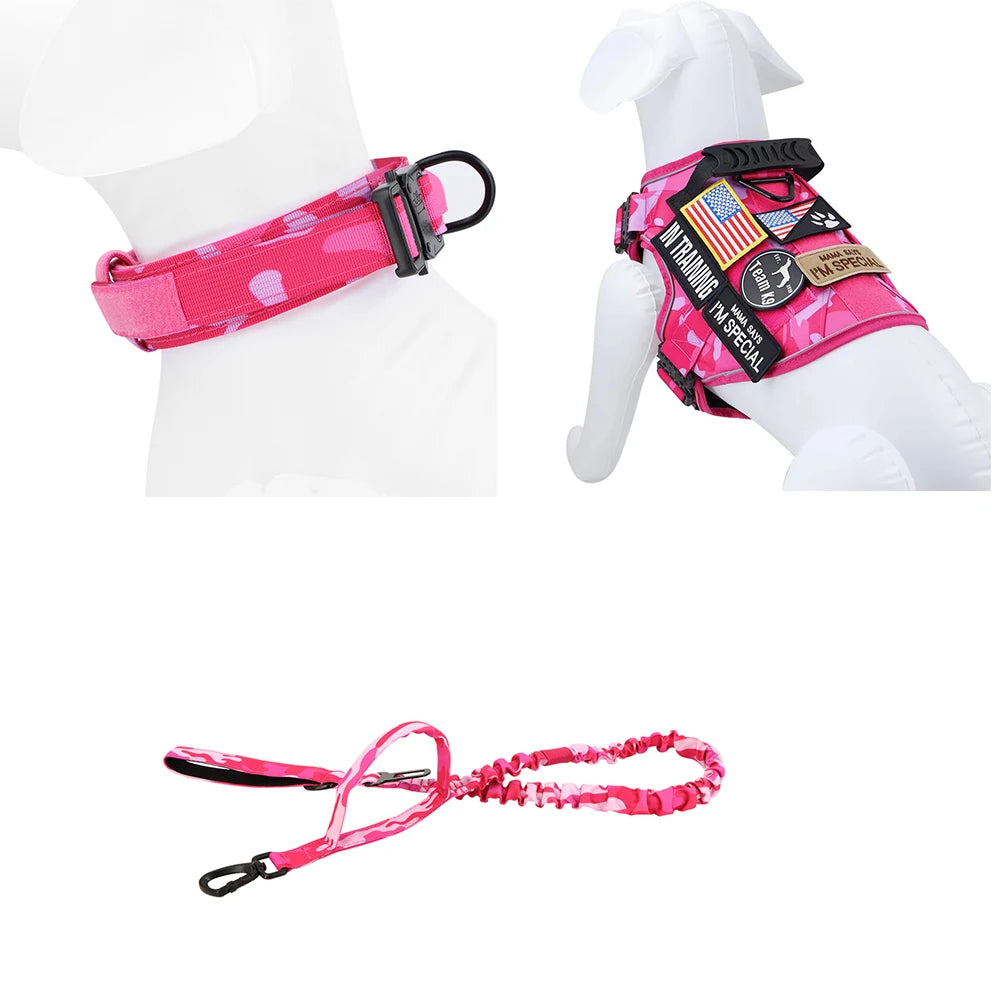 Pink Reflective Dog Harness with 4 Metal Buckles Military Tactical Pet Training,