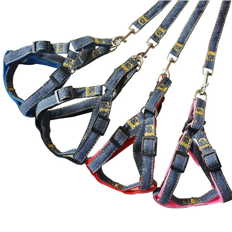 Denim Dog Collar Harness Set, Pet Accessories, Puppy and Cat Collar.