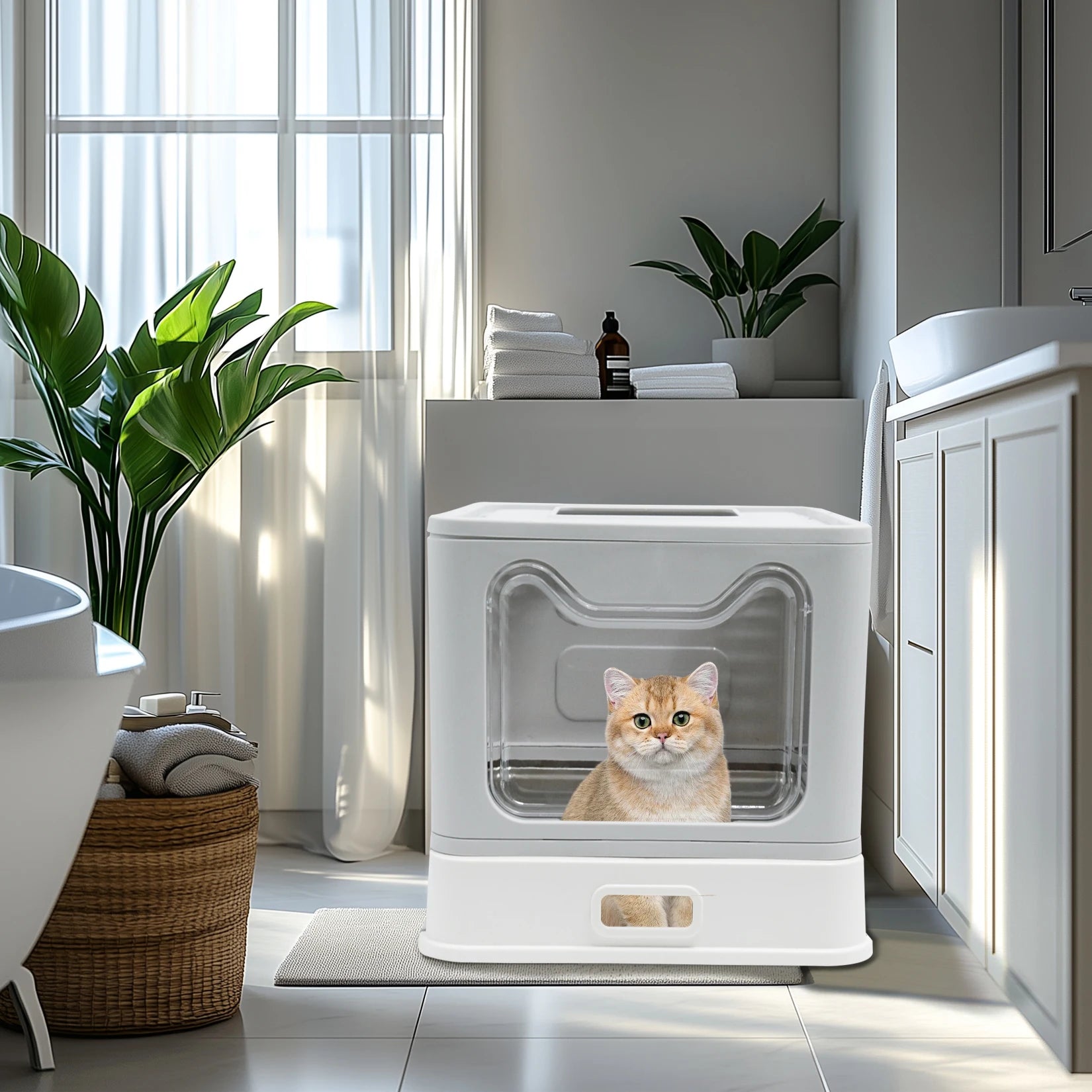 Stainless Steel Cat Litter Box with Lid Front Entry and Top Exit.