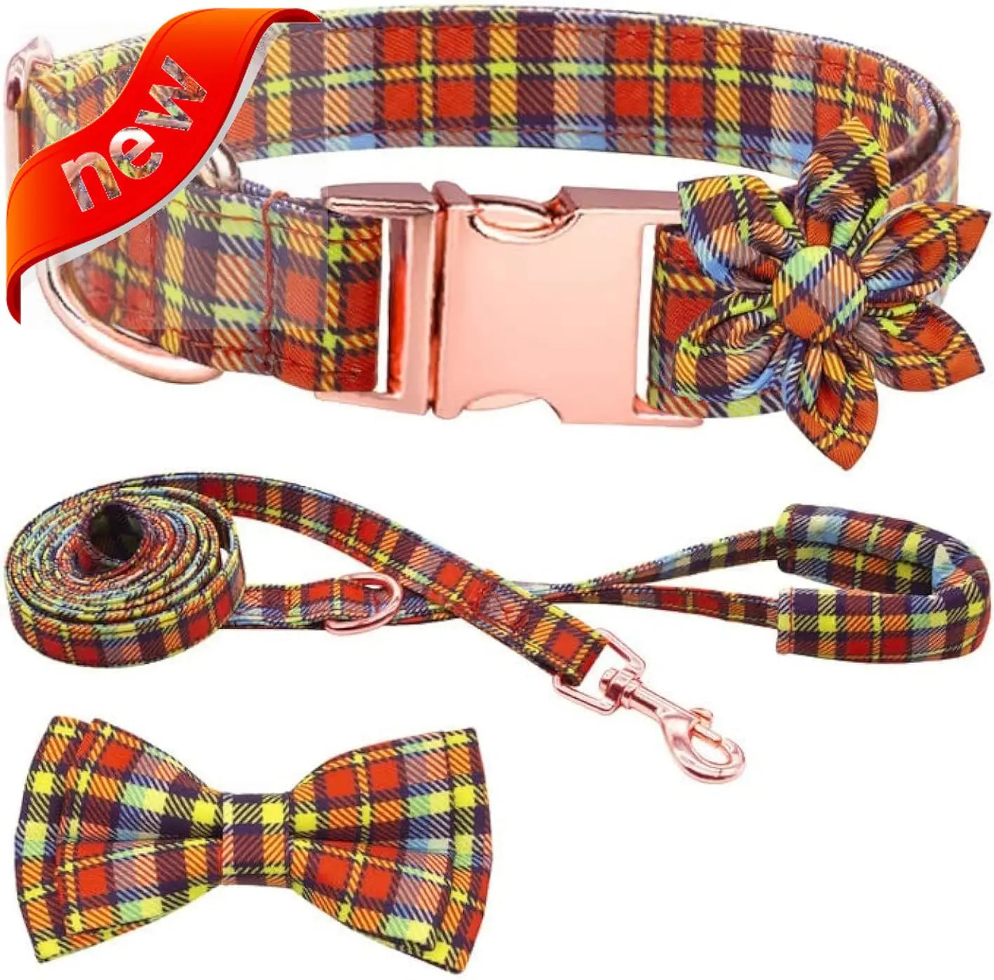 Plaid Dog Collar Leash Set with Bow Tie Adjustable Cute Puppy Collar.
