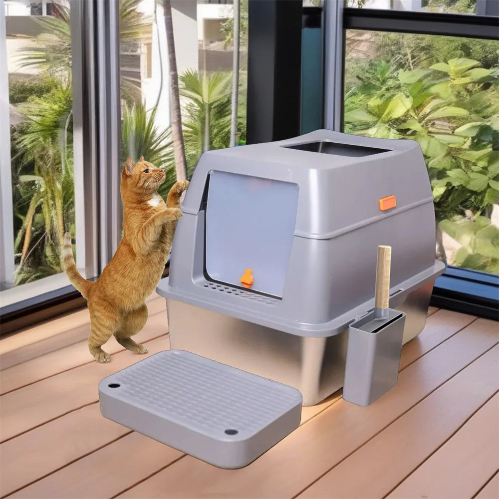XXL Stainless Steel Cat Litter Box Enclosed Puppy Cat Litter Tray with Lid.