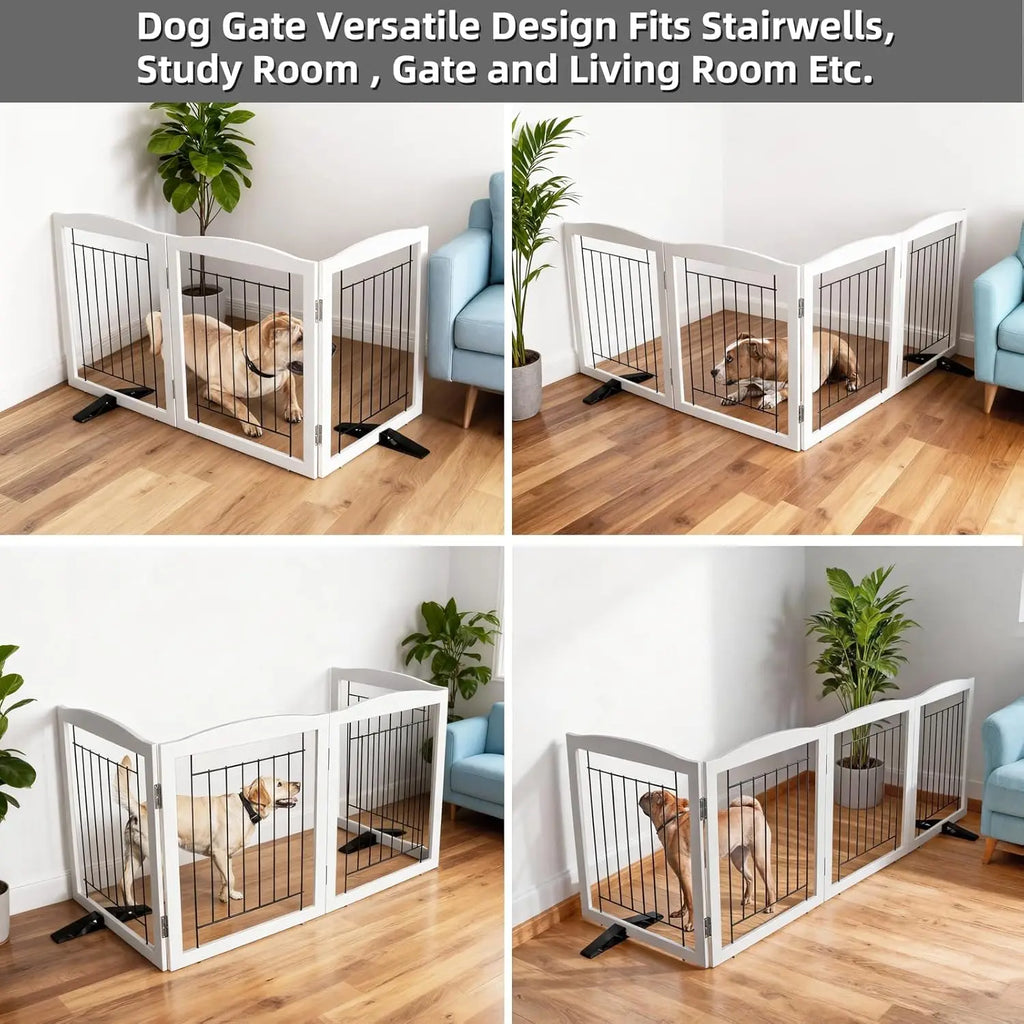 Foldable Indoor Dog Gate, Sturdy Wood Pet Fence for Doorways and Stairs, White 24" Height with 3 Panels