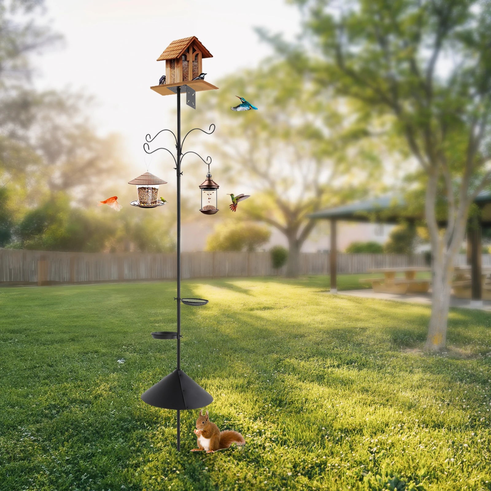 4Hooks2Food Trays Bird Feeder Pole Birdhouse Pole with Squirrel Proof Baffle for gardens