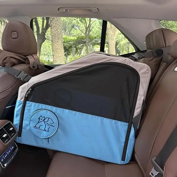 Portable Pet Crate for Car Travel, Dog & Cat Carrier with Secures Seatbelt & Headrest Strap.