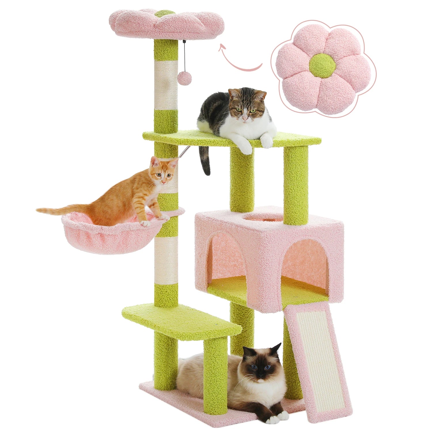 Flower Cat Tree, Multi-Level Cat Tower with Sisal Scratching Posts, Hammock, Ramp, and Top Perch.