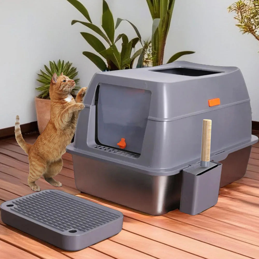 XXL Stainless Steel Cat Litter Box Enclosed Puppy Cat Litter Tray with Lid.