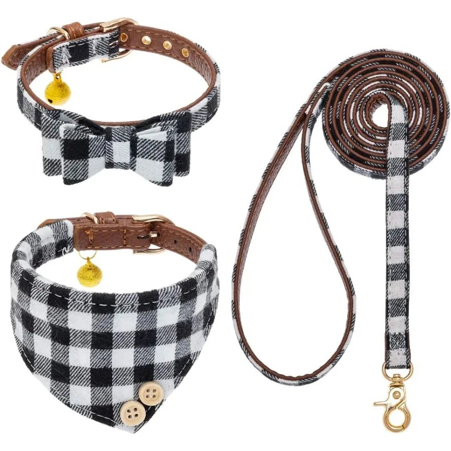 Classic Plaid Dog Bow Tie and Dog Bandana Collar with Bell Dog Leash.