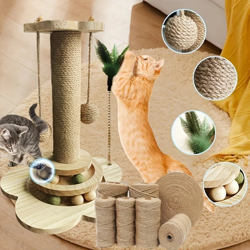 Indoor Cat Scratching Post for Pets, 2-Layer Ball Track Kitten Toy with Teasing Wand.