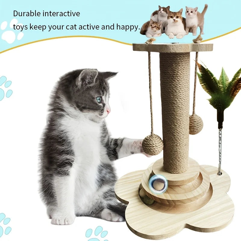 Indoor Cat Scratching Post for Pets, 2-Layer Ball Track Kitten Toy with Teasing Wand.