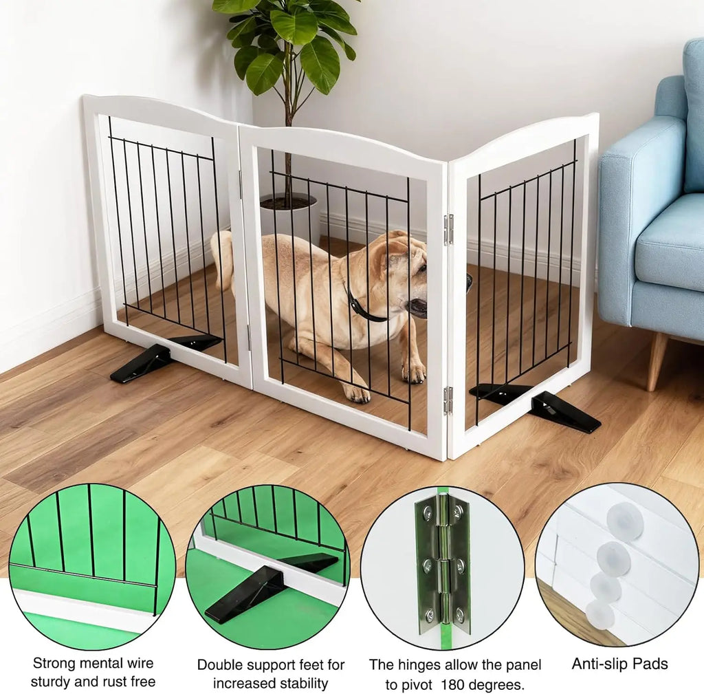 Foldable Indoor Dog Gate, Sturdy Wood Pet Fence for Doorways and Stairs, White 24" Height with 3 Panels