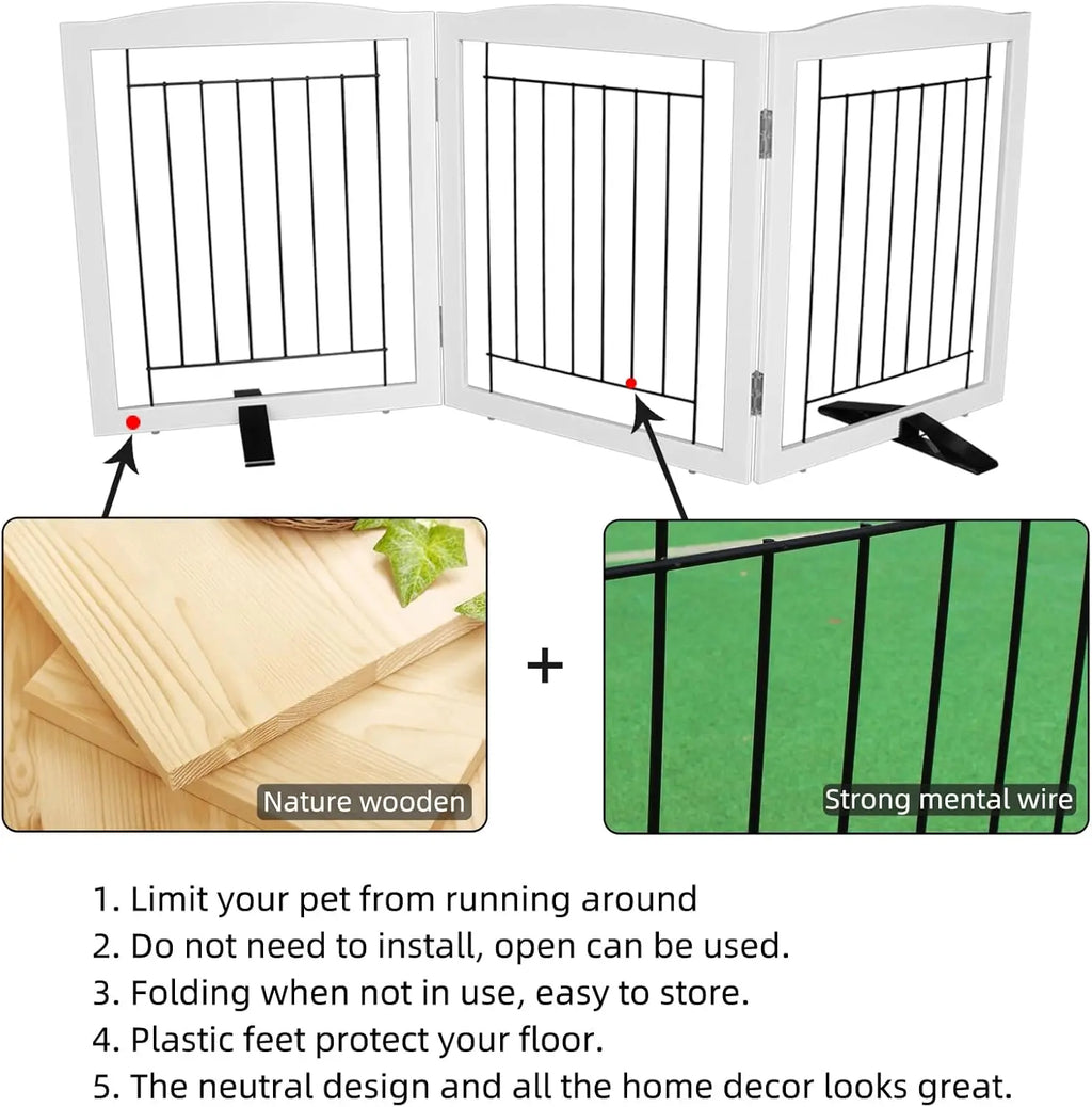 Foldable Indoor Dog Gate, Sturdy Wood Pet Fence for Doorways and Stairs, White 24" Height with 3 Panels