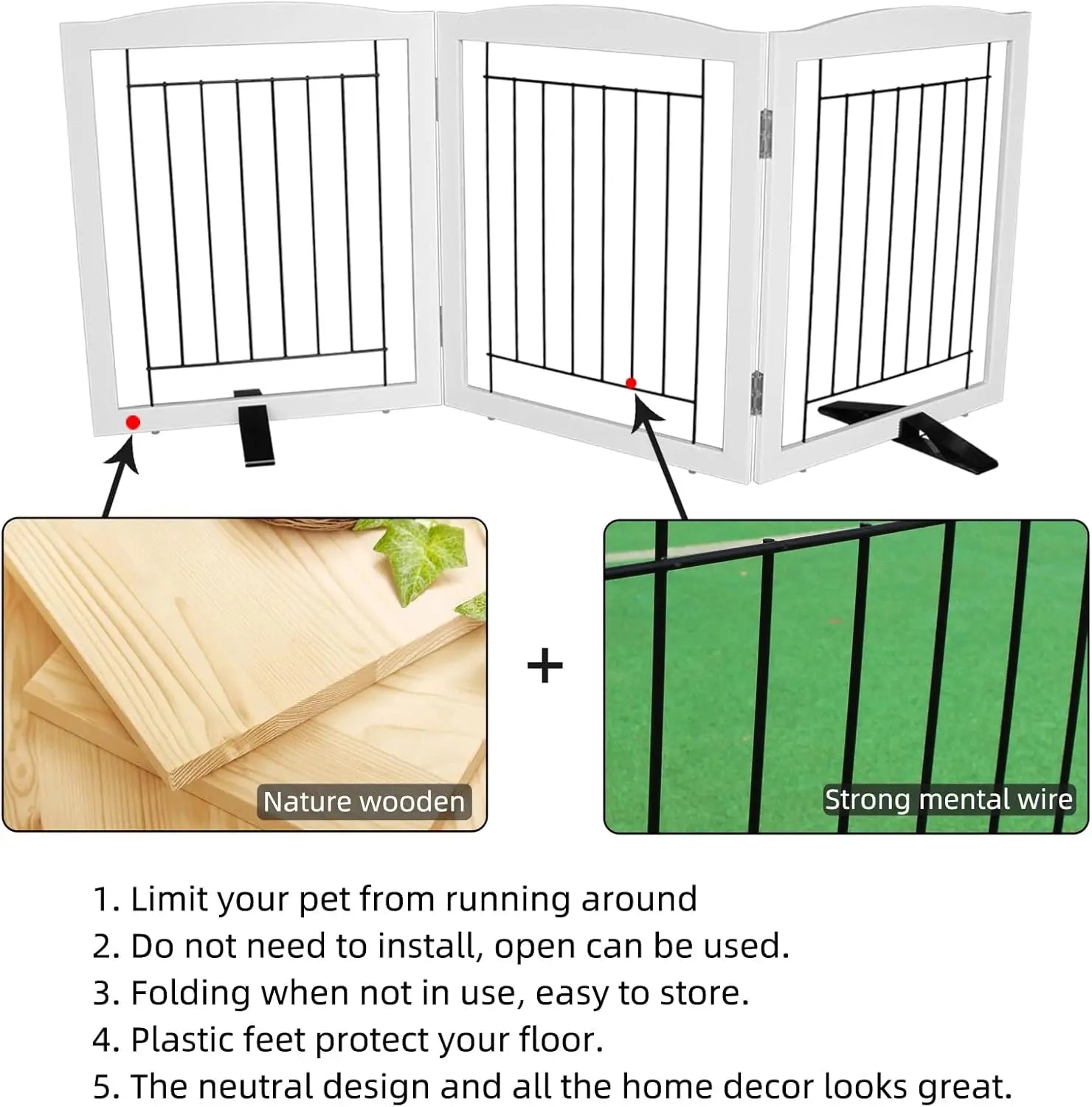 Foldable Indoor Dog Gate, Sturdy Wood Pet Fence for Doorways and Stairs, White 24" Height with 3 Panels