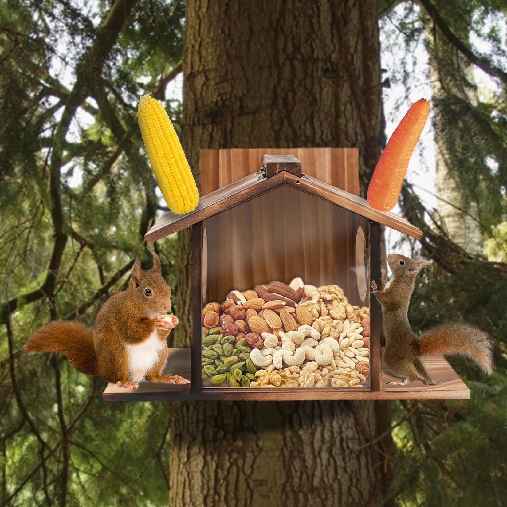 Carbonized Wood Squirrel Feeder for Outside Winter Durable Chipmunk House Box.