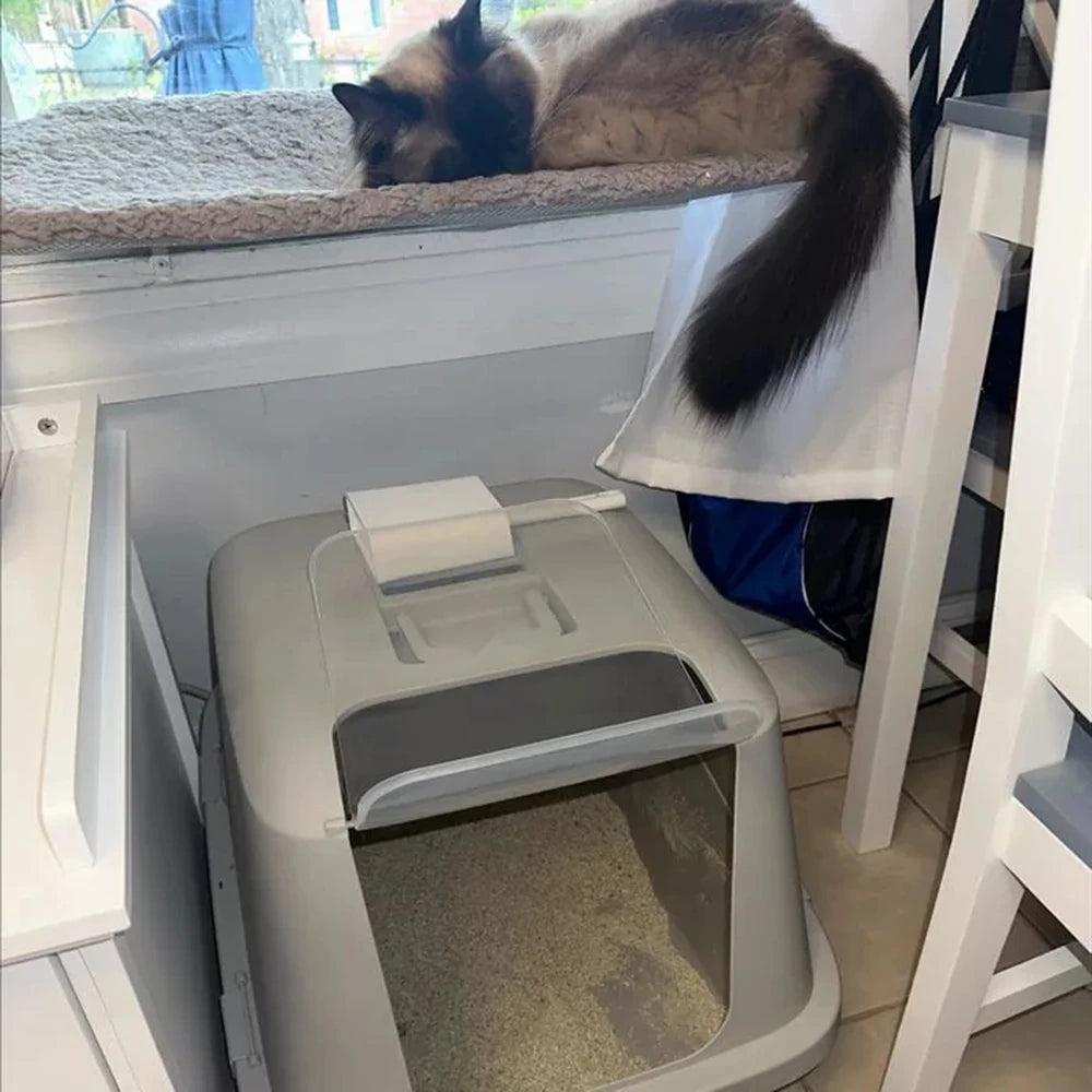 Enclosed Cat Litter Box with Front Door Flap,Covered Kitty Litter Boxes with Top Handle,BPA Free Large Litter Pan with Lid,Gray