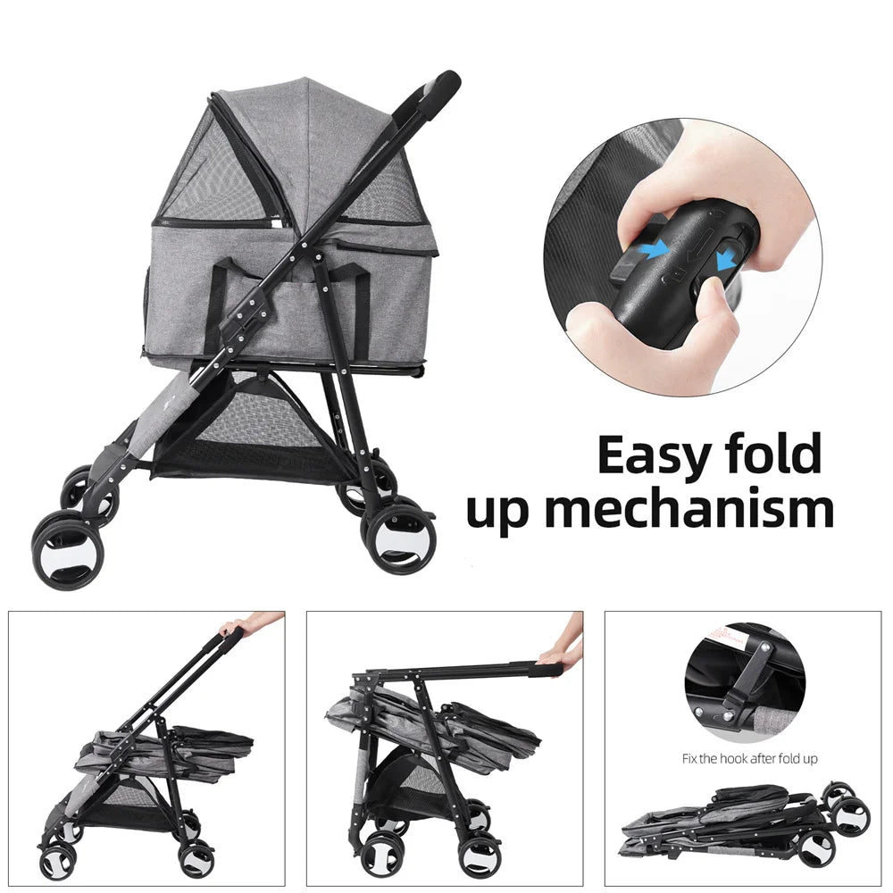 Pet Dog Stroller Foldable Travel Carrier Strolling Cart, pushchair Jogger Buggy with 4 Wheels and Rain Cover