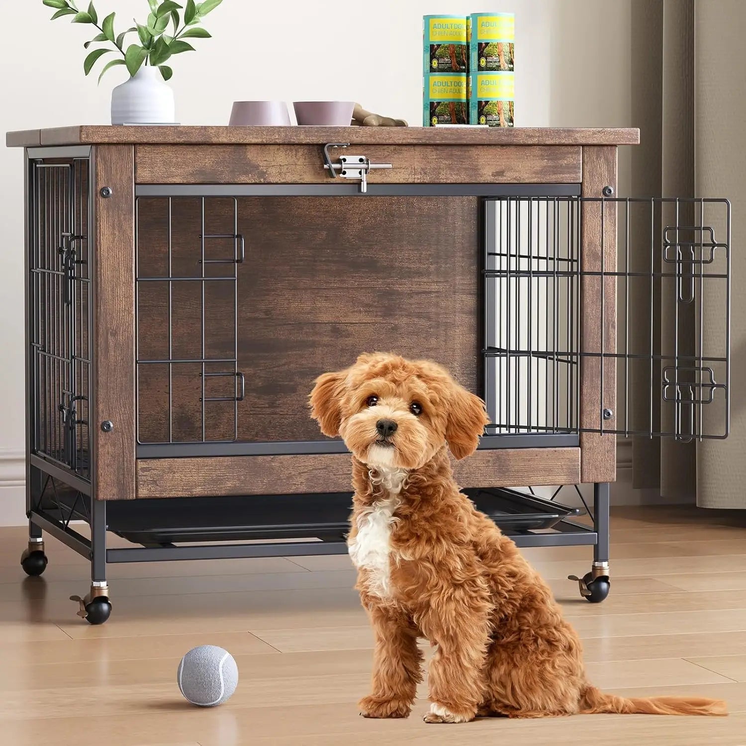 Rustic Dog Crate Furniture with Wheels 26in Small Heavy Duty Metal and Wood.