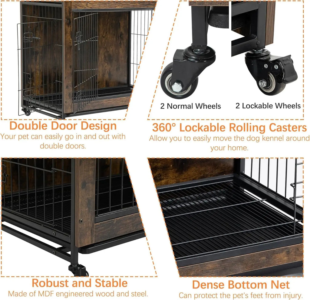 Rustic Dog Crate Furniture with Wheels 26in Small Heavy Duty Metal and Wood.