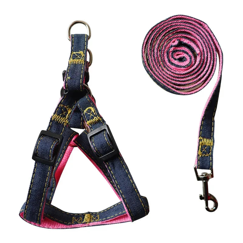 Denim Dog Collar Harness Set, Pet Accessories, Puppy and Cat Collar.