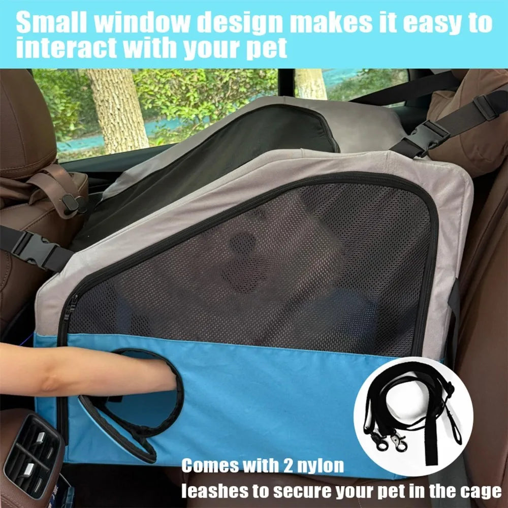 Portable Pet Crate for Car Travel, Dog & Cat Carrier with Secures Seatbelt & Headrest Strap.