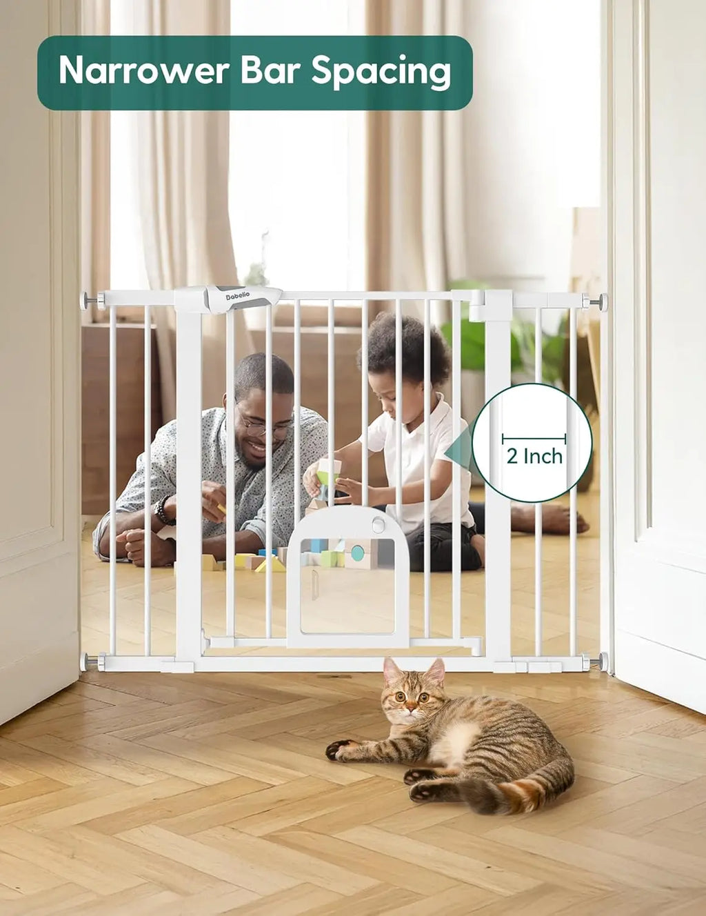 Adjustable Pet Gate with Cat Door, 29-43" Auto Close Pressure Mounted for Stairs and Doorways.