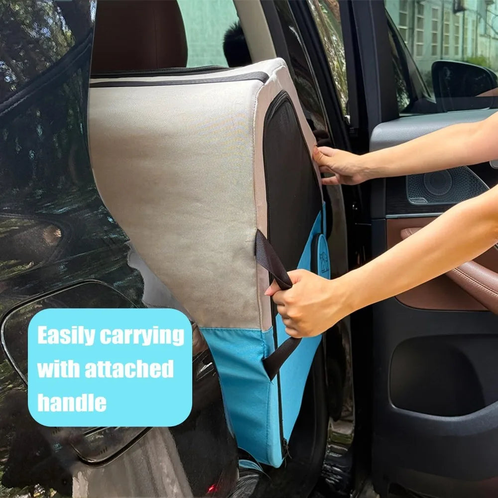 Portable Pet Crate for Car Travel, Dog & Cat Carrier with Secures Seatbelt & Headrest Strap.