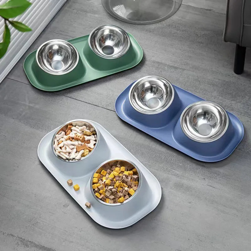 Stainless Steel Double Cat Dog Bowl Container Plastic Non-slip Base Pet Water Feeder