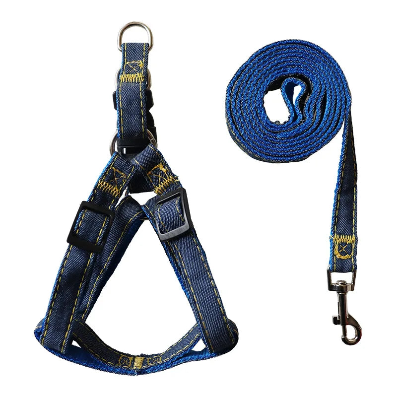 Denim Dog Collar Harness Set, Pet Accessories, Puppy and Cat Collar.